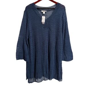 CJ Banks Womens 2X Blue Crochet Knit Tunic Sweater 3/4 Sleeve V-Neck New NWT